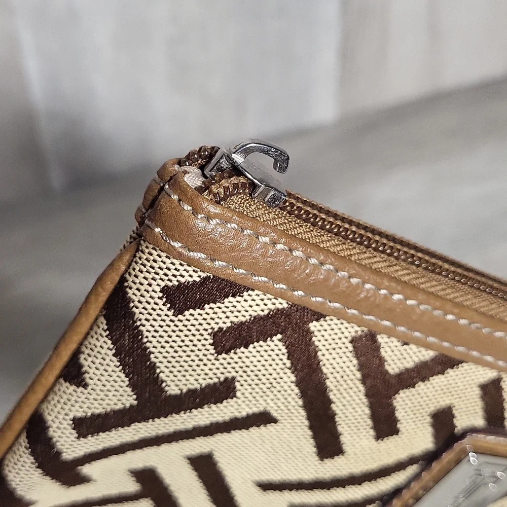 Tignanello Signature Canvas  Wristlet Wallet Pouch Zippered Pockets Leather Trim